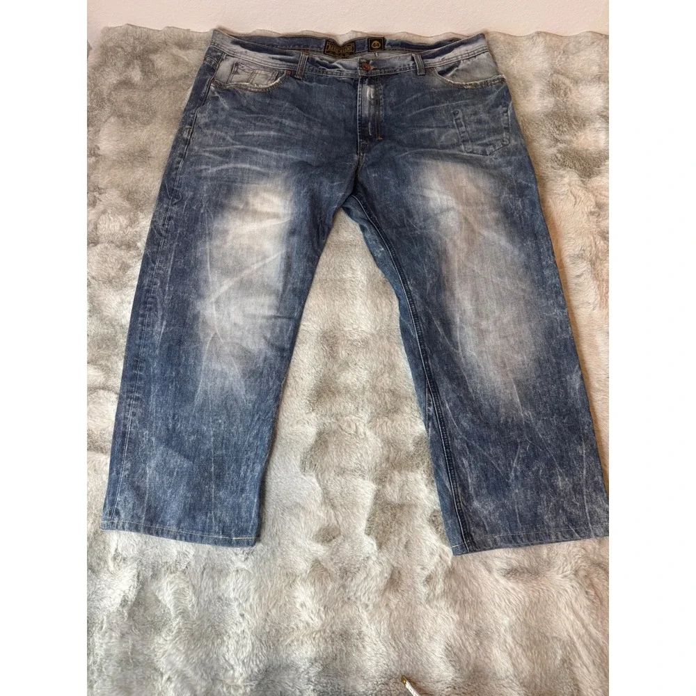 AKOO Mens Distressed Blue Wash Straight Leg Jeans Size 44 American Flag-0590